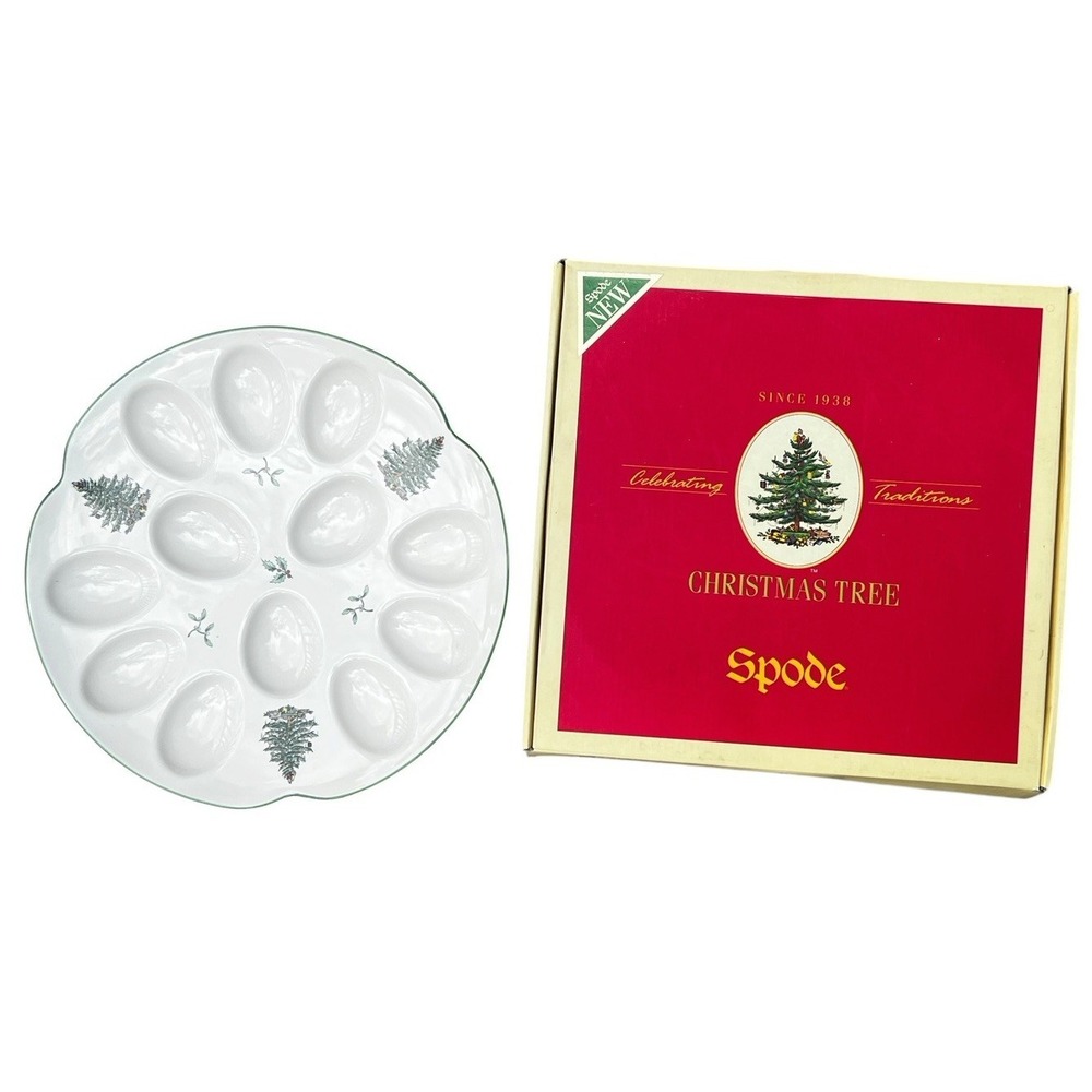 Spode 11 1/4" Christmas Tree Deviled Egg Plate Holiday Egg Serving Platter W/Box